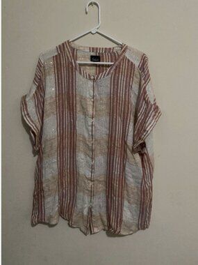 Simply Emma 2X Women's Pink White Striped Gauze Metallic Sequins Top Blouse